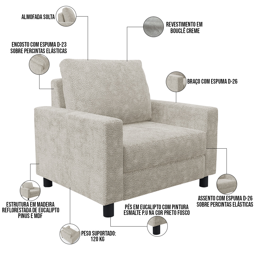 Poltrona Decorativa Para Sala De Estar E Recepção Malta L02 Bouclê Creme - Lyam Decor