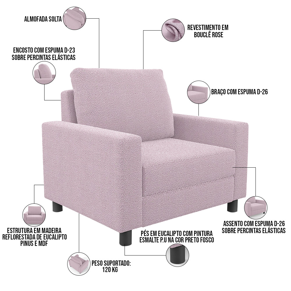 Poltrona Decorativa Para Sala De Estar E Recepção Malta L02 Bouclê Rosê - Lyam Decor