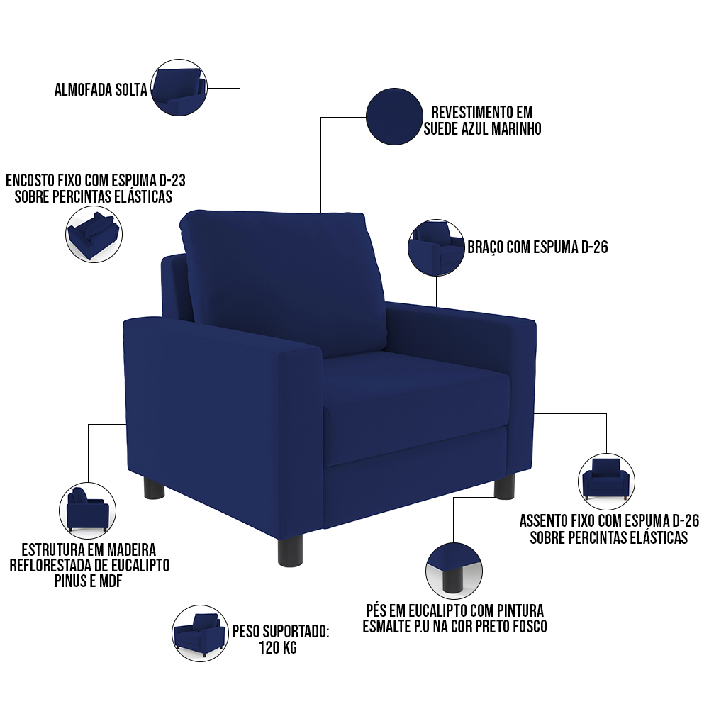 Poltrona Decorativa Para Sala De Estar E Recepção Malta L02 Suede Azul Marinho - Lyam Decor