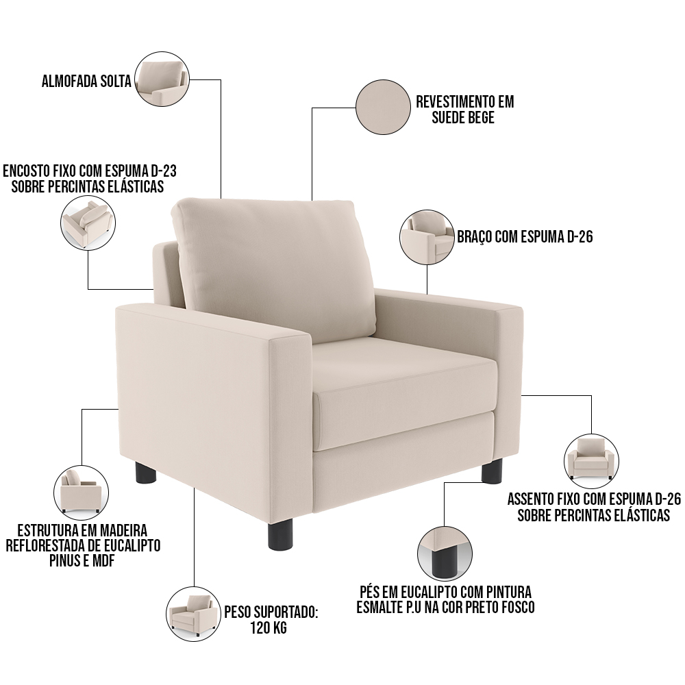 Poltrona Decorativa Para Sala De Estar E Recepção Malta L02 Suede Bege - Lyam Decor