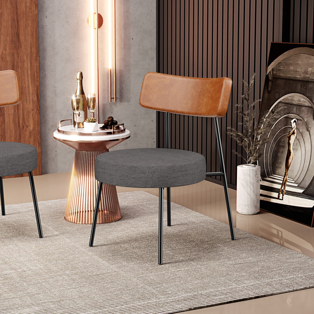 Poltrona Decorativa Para Sala De Estar Fixa Londres L02 Couríssimo Camel Linho Cinza Escuro - Lyam