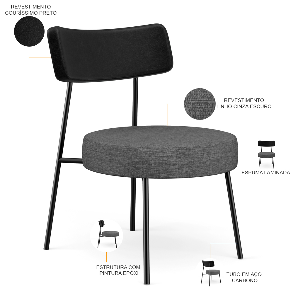 Poltrona Decorativa Para Sala De Estar Fixa Londres L02 Couríssimo Preto Linho Cinza Escuro - Lyam