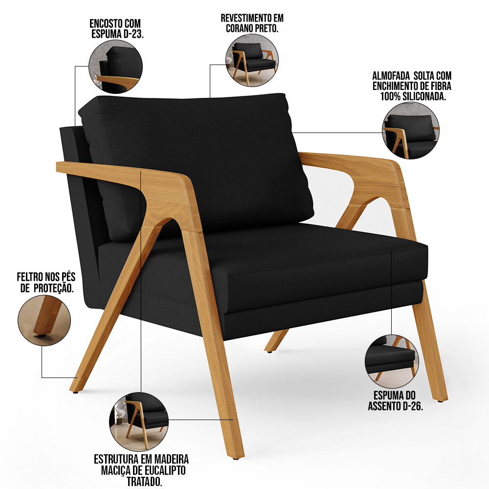 Poltrona Decorativa Para Sala De Estar Pietra Com Estrutura De Madeira L02 Corano Preto - Lyam Decor
