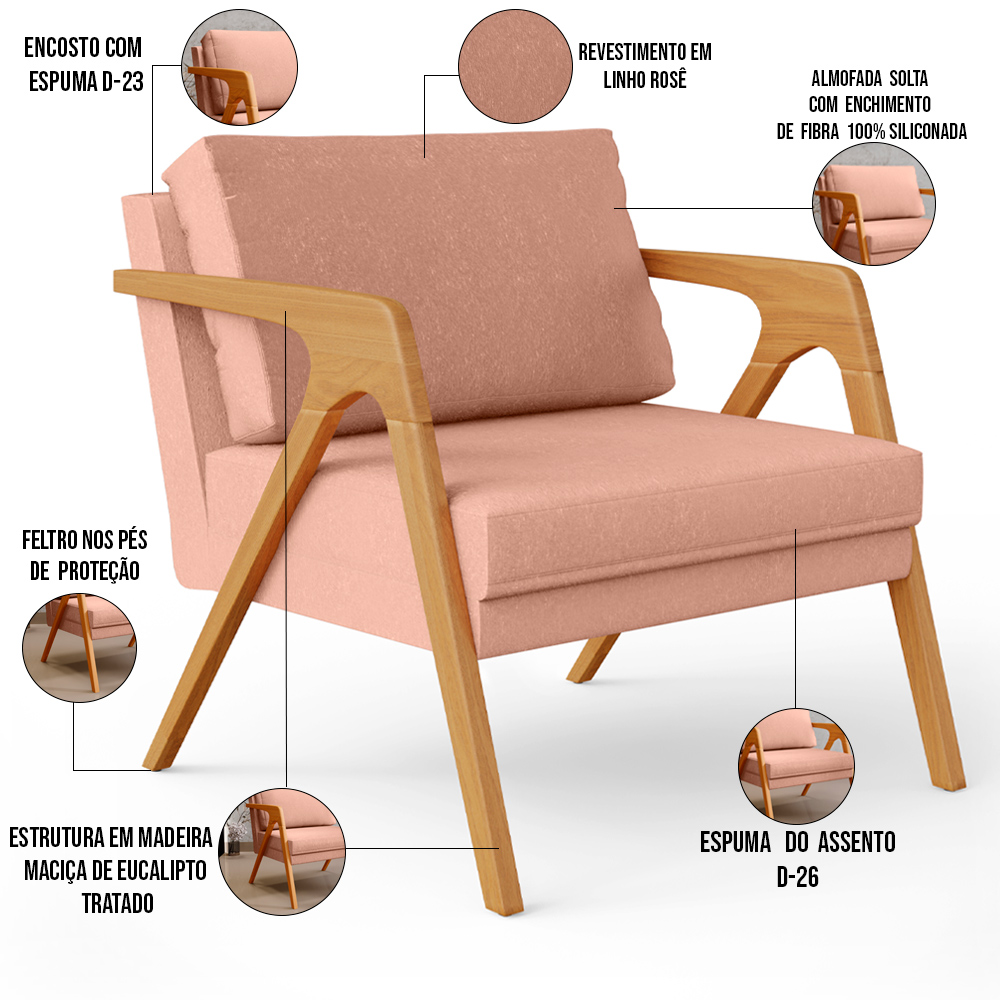 Poltrona Decorativa Para Sala De Estar Pietra Com Estrutura De Madeira L02 Linho Rosê - Lyam Decor