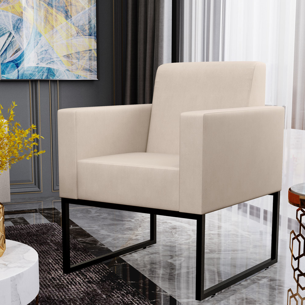 Poltrona Decorativa Para Sala De Estar Recepção Base Fixa De Metal Helô L02 Suede Bege - Lyam Decor