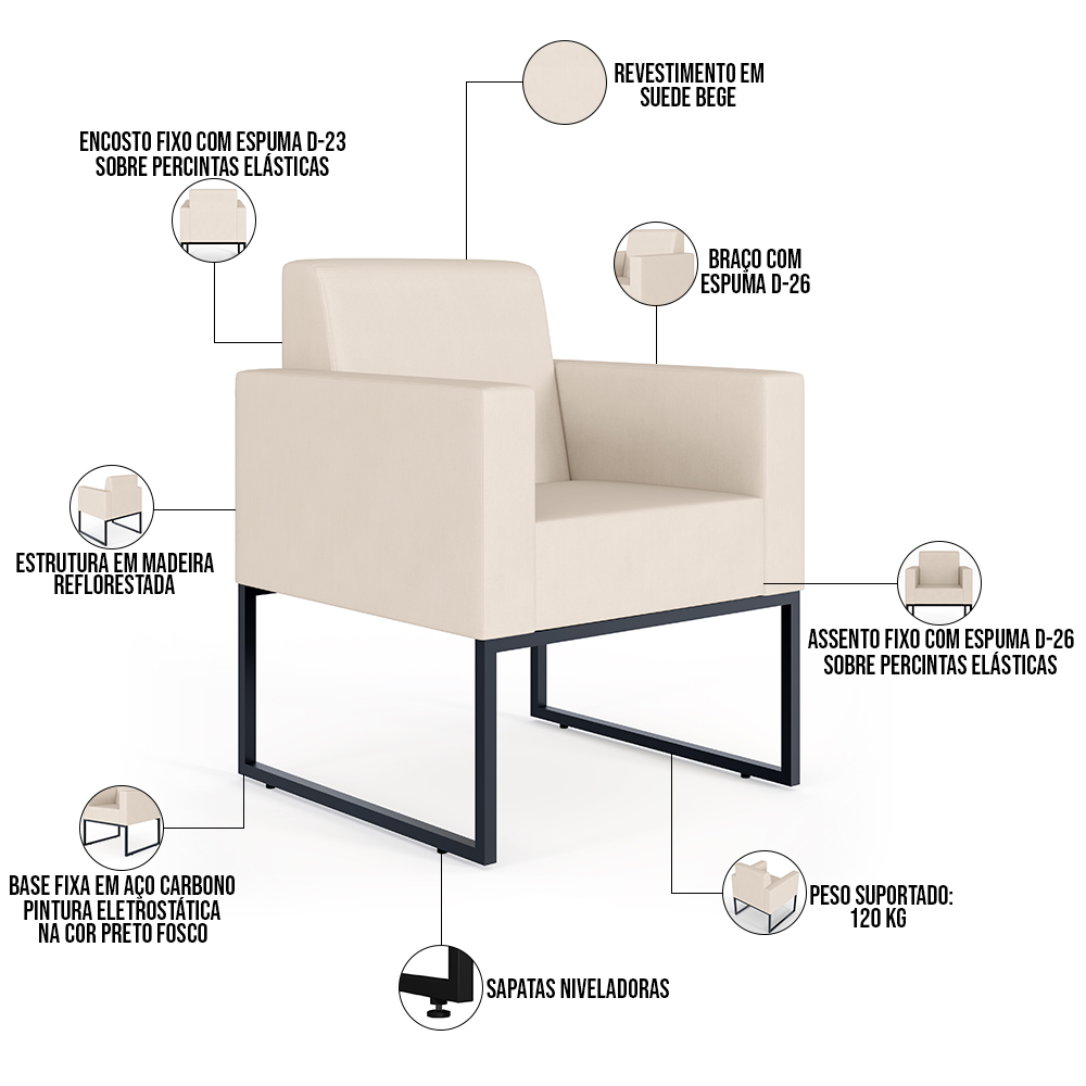 Poltrona Decorativa Para Sala De Estar Recepção Base Fixa De Metal Helô L02 Suede Bege - Lyam Decor