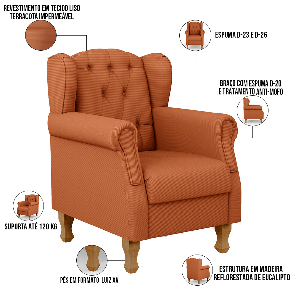 Poltrona Decorativa Para Sala De Estar Yara P02 Tecido Terracota - Lyam Decor