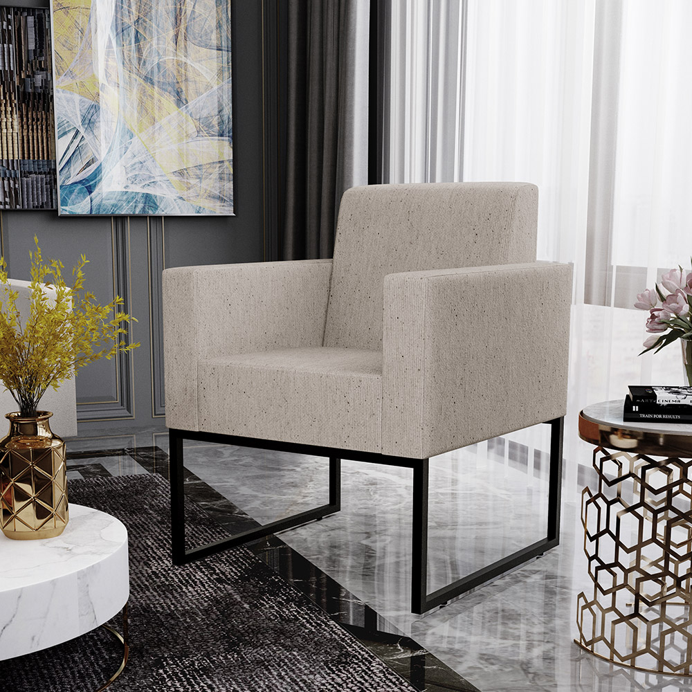 Poltrona Decorativa Para Sala Estar E Recepção Base Fixa De Metal Helô L02 Linho Bege - Lyam Decor