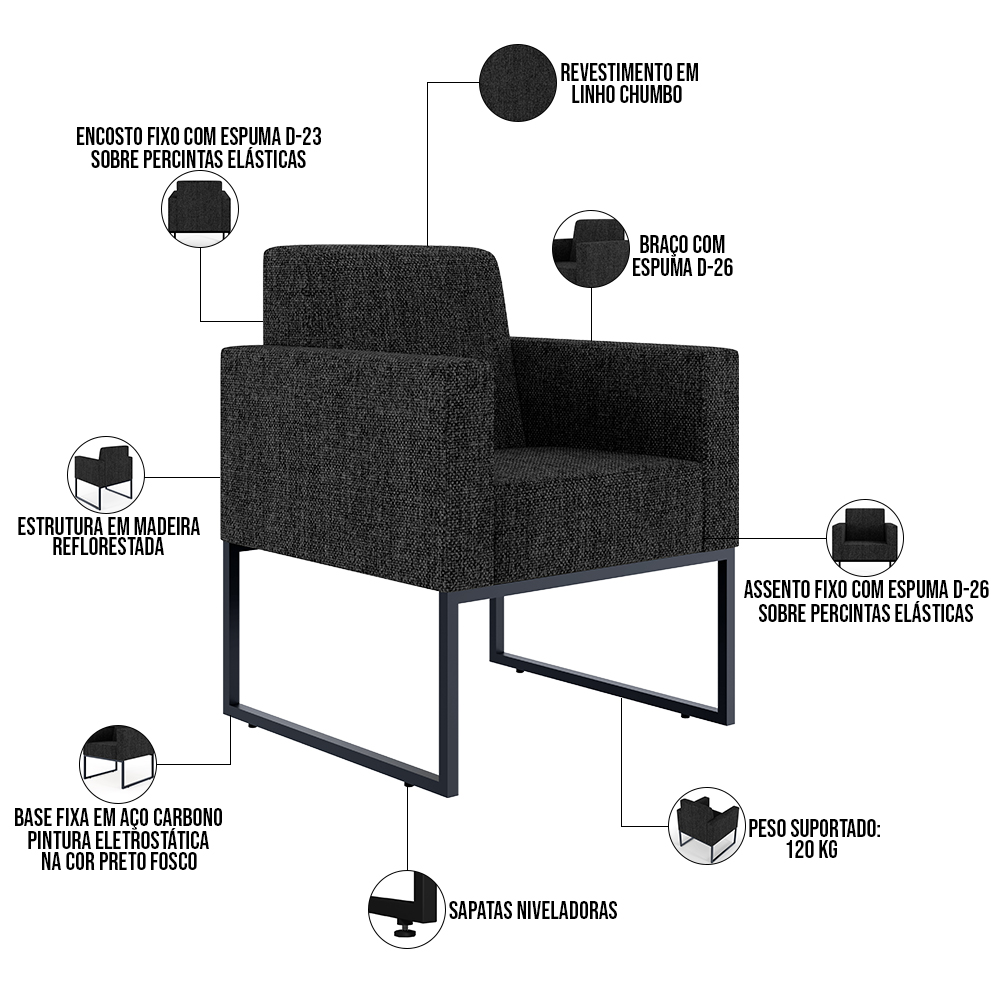 Poltrona Decorativa Para Sala Estar E Recepção Base Fixa De Metal Helô L02 Linho Chumbo - Lyam Decor
