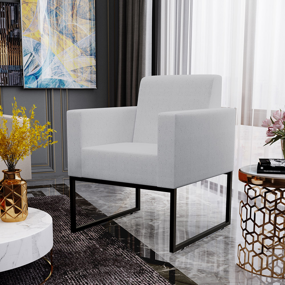 Poltrona Decorativa Para Sala Estar E Recepção Base Fixa De Metal Helô L02 Linho Cinza - Lyam Decor