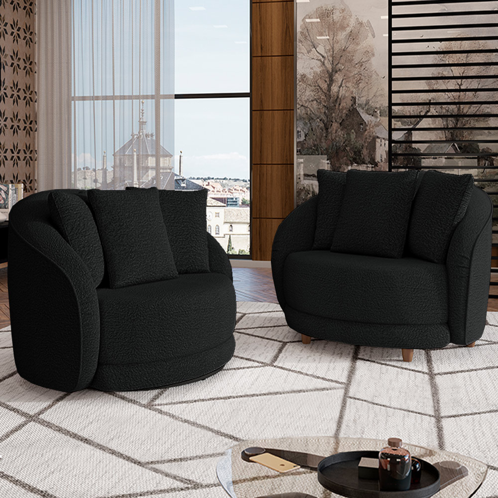 Poltrona Decorativa Para Sala de Estar Base Giratória Witta M03 Bouclê Preto - Lyam Decor