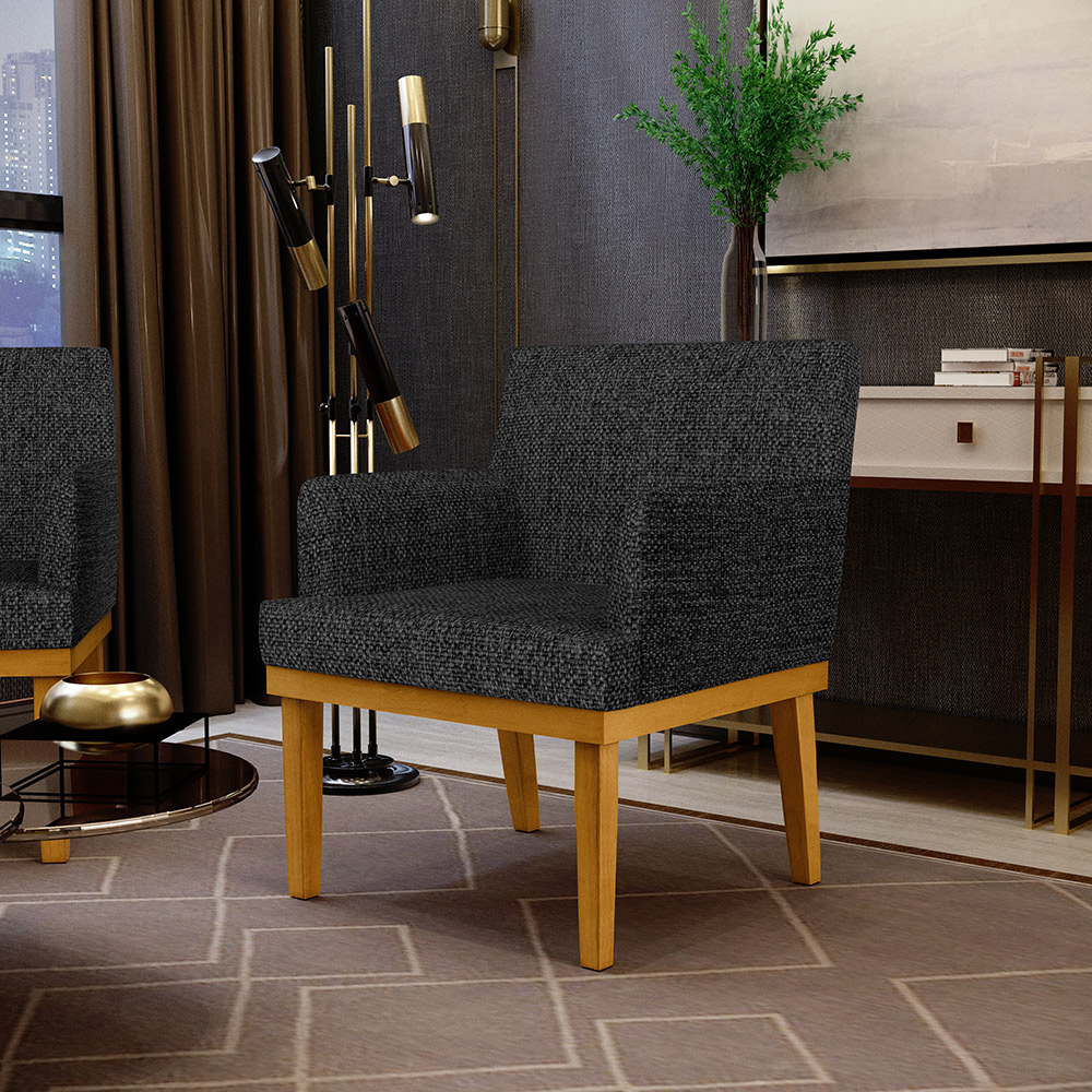 Poltrona Decorativa Para Sala de Estar Base Mel Beatriz W01 Linho Chumbo - Lyam Decor