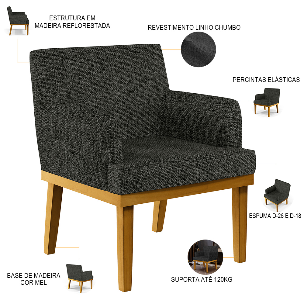 Poltrona Decorativa Para Sala de Estar Base Mel Beatriz W01 Linho Chumbo - Lyam Decor