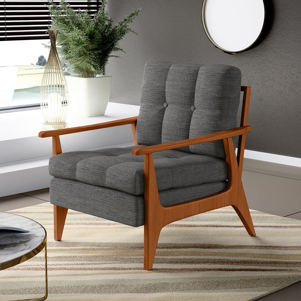 Poltrona Decorativa Para Sala de Estar Encosto Ripado Emília B04 Linho Cinza Escuro - Lyam Decor