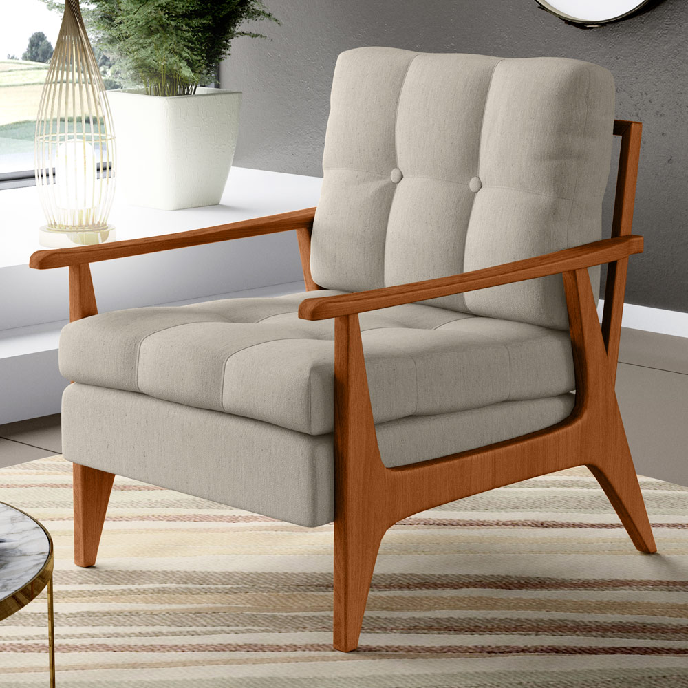 Poltrona Decorativa Para Sala de Estar Encosto Ripado Emília B04 Linho Cru - Lyam Decor