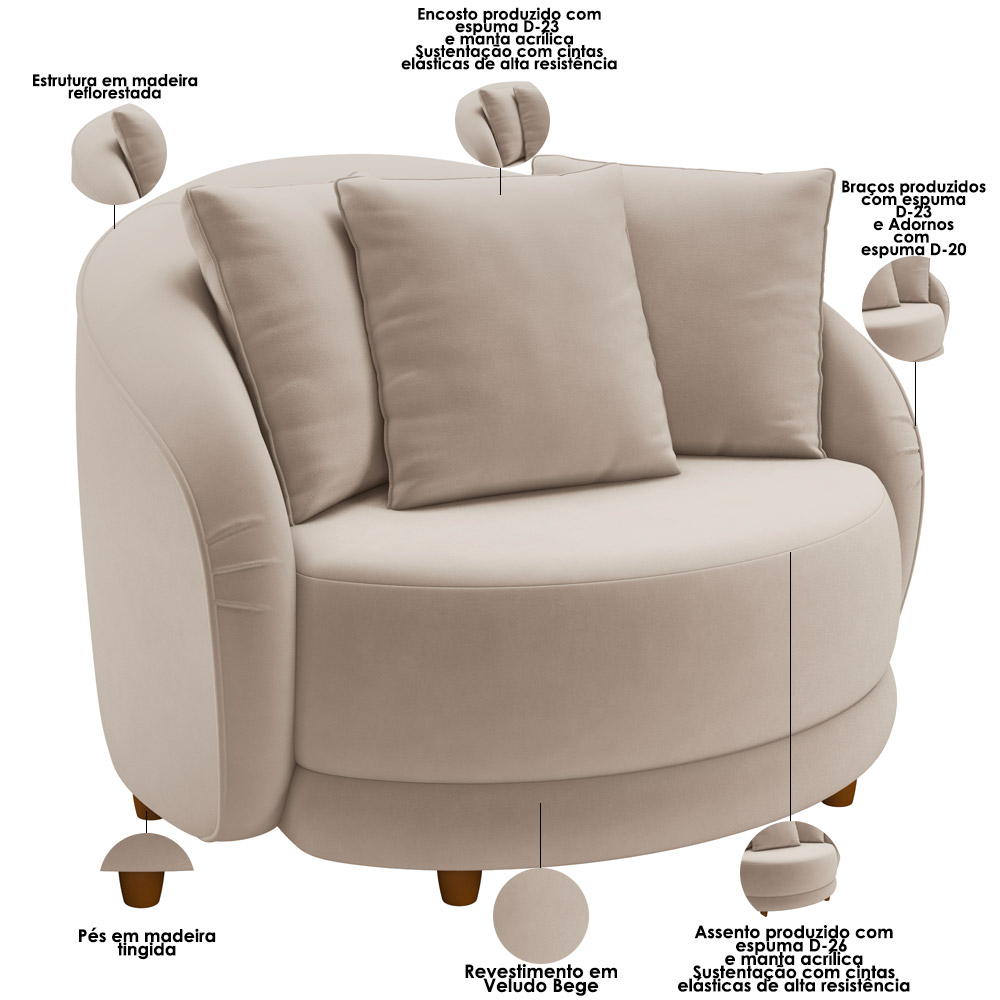 Poltrona Decorativa Para Sala de Estar Fixa Pés Madeira Witta M03 Veludo Bege - Lyam Decor