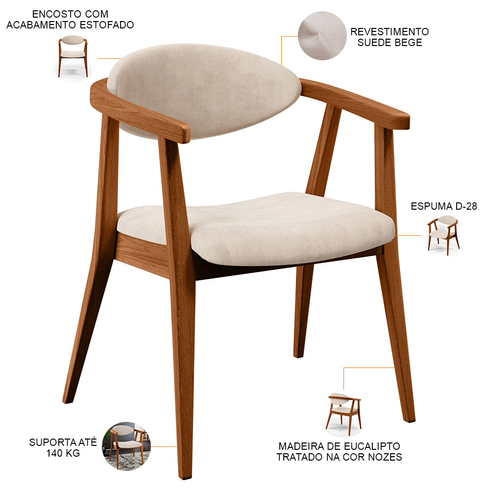 Poltrona Decorativa Para Sala de Estar Jantar Cecília L02 Suede Bege - Lyam Decor