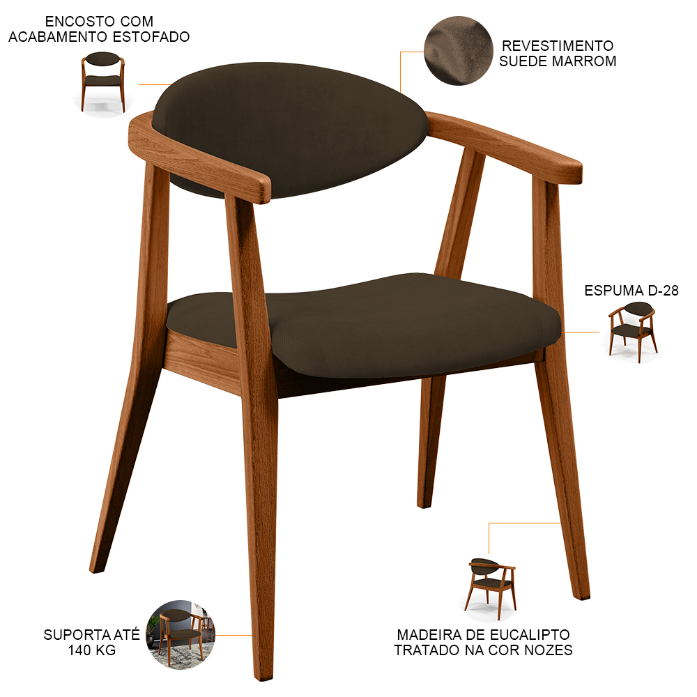 Poltrona Decorativa Para Sala de Estar Jantar Cecília L02 Suede Marrom - Lyam Decor