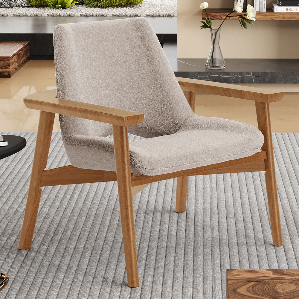 Poltrona Decorativa Para Sala de Estar Living Base Madeira Becker L02 Bouclê Creme - Lyam Decor