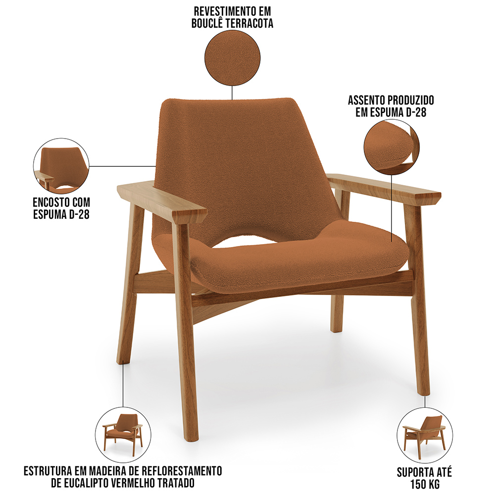 Poltrona Decorativa Para Sala de Estar Living Base Madeira Becker L02 Bouclê Terracota - Lyam Decor