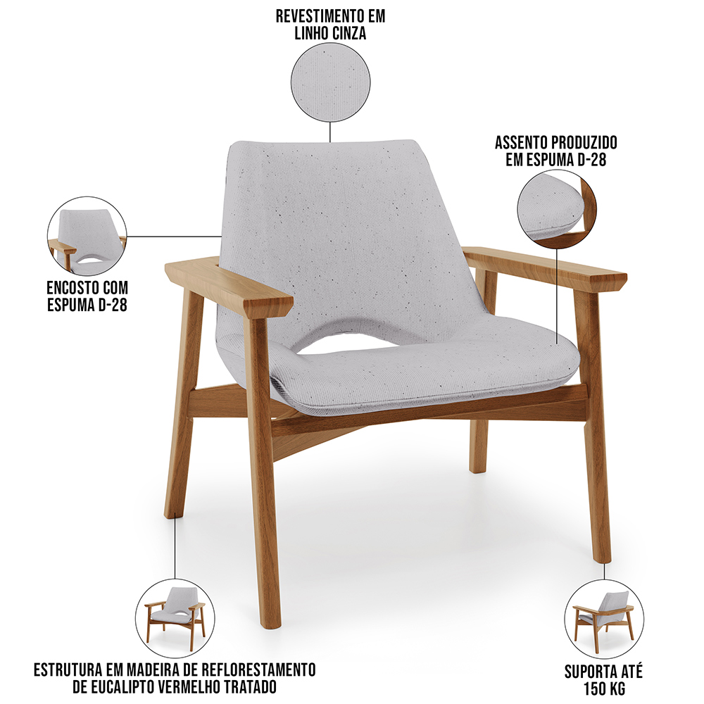 Poltrona Decorativa Para Sala de Estar Living Base Madeira Becker L02 Linho Cinza - Lyam Decor