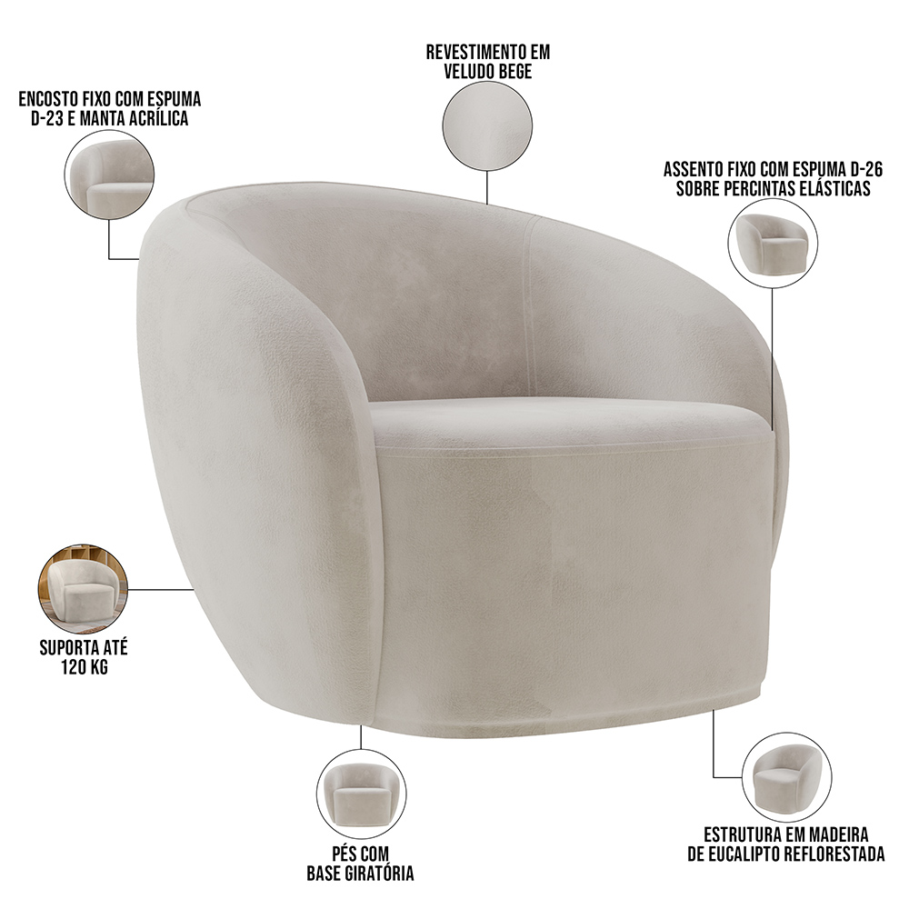 Poltrona Decorativa Para Sala de Estar Living Gliese K01 Veludo Bege - Lyam Decor