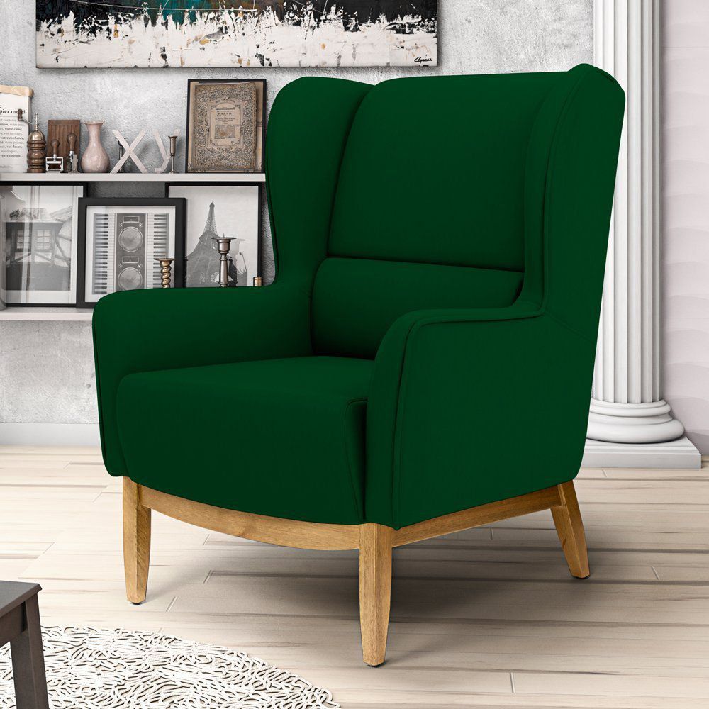 Poltrona Decorativa Para Sala de Estar Milena D02 Base de Madeira Veludo Verde Liso C-303 - Lyam Decor