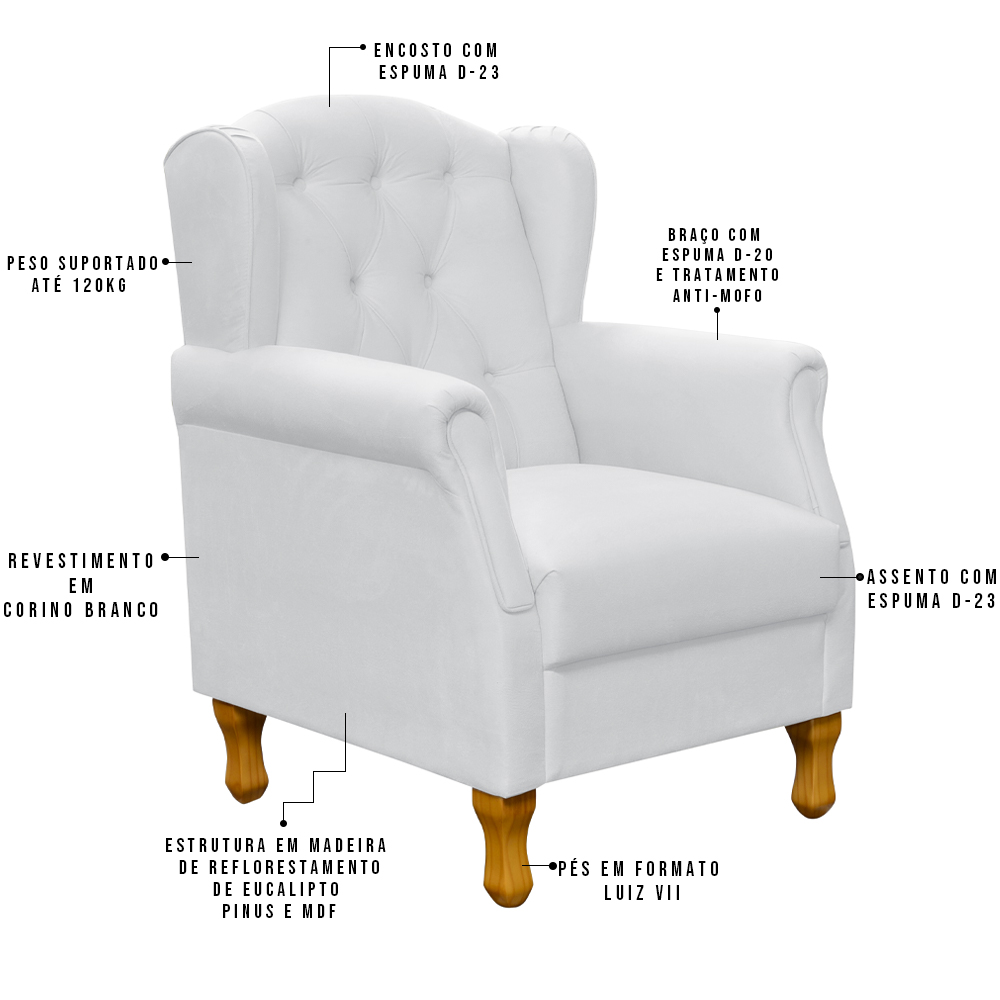 Poltrona Decorativa Para Sala de Estar Yara P02 Corino Branco - Lyam Decor