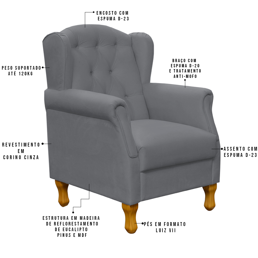 Poltrona Decorativa Para Sala de Estar Yara P02 Corino Cinza - Lyam Decor