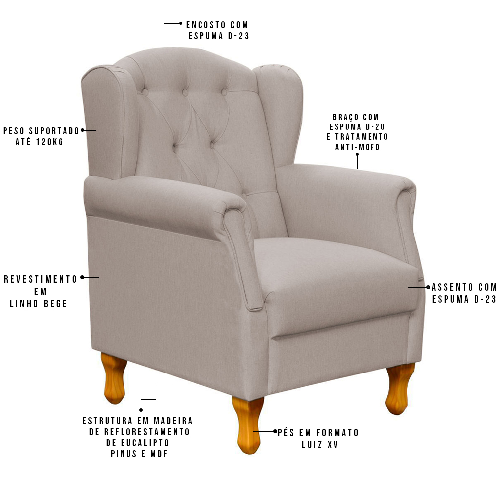 Poltrona Decorativa Para Sala de Estar Yara P02 Linho Bege - Lyam Decor