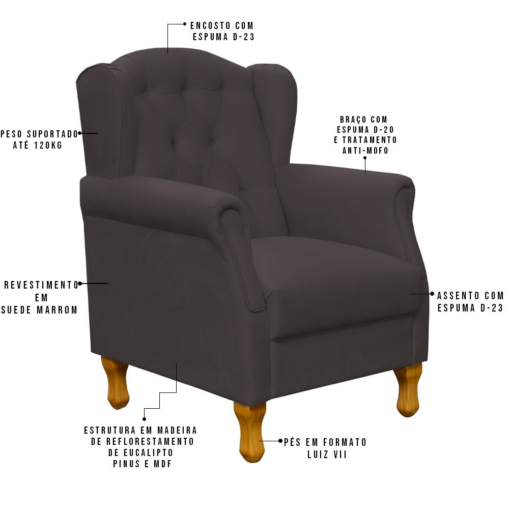 Poltrona Decorativa Para Sala de Estar Yara P02 Suede Marrom - Lyam Decor