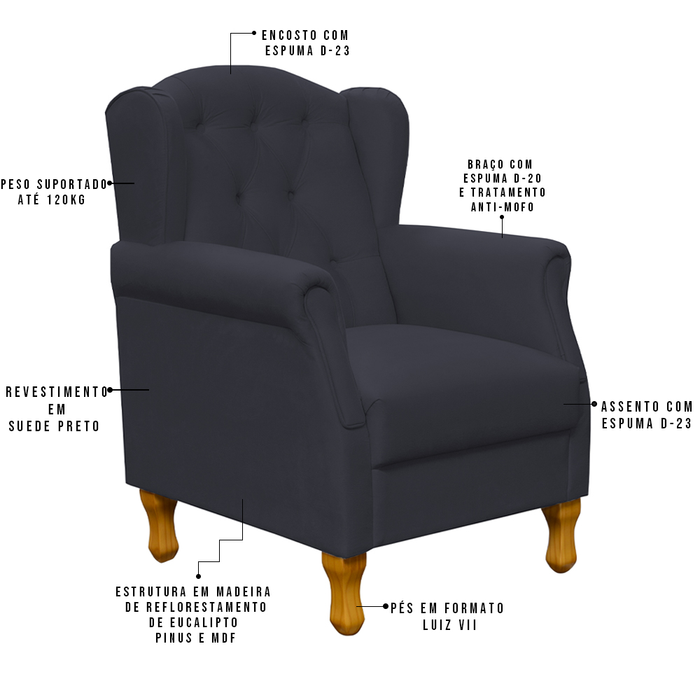 Poltrona Decorativa Para Sala de Estar Yara P02 Suede Preto - Lyam Decor