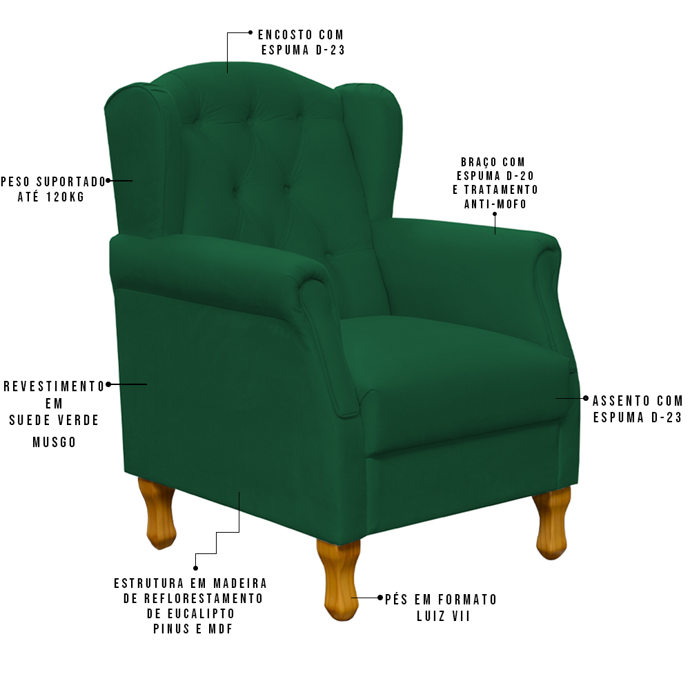 Poltrona Decorativa Para Sala de Estar Yara P02 Suede Verde Musgo - Lyam Decor