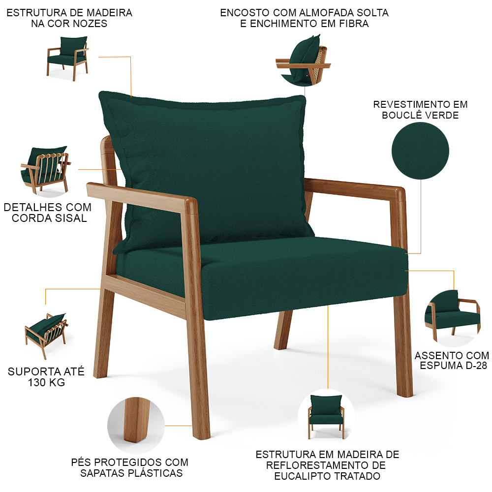 Poltrona Decorativa Para Sala de Estar e Living Alícia L02 Bouclê Verde - Lyam Decor