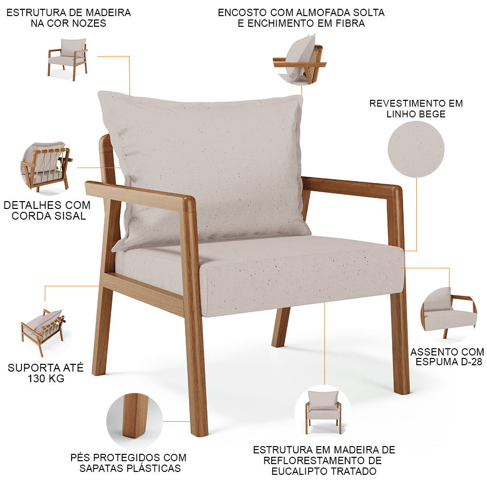 Poltrona Decorativa Para Sala de Estar e Living Alícia L02 Linho Bege - Lyam Decor