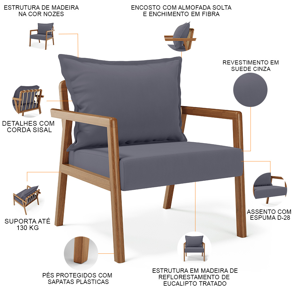 Poltrona Decorativa Para Sala de Estar e Living Alícia L02 Suede Cinza - Lyam Decor