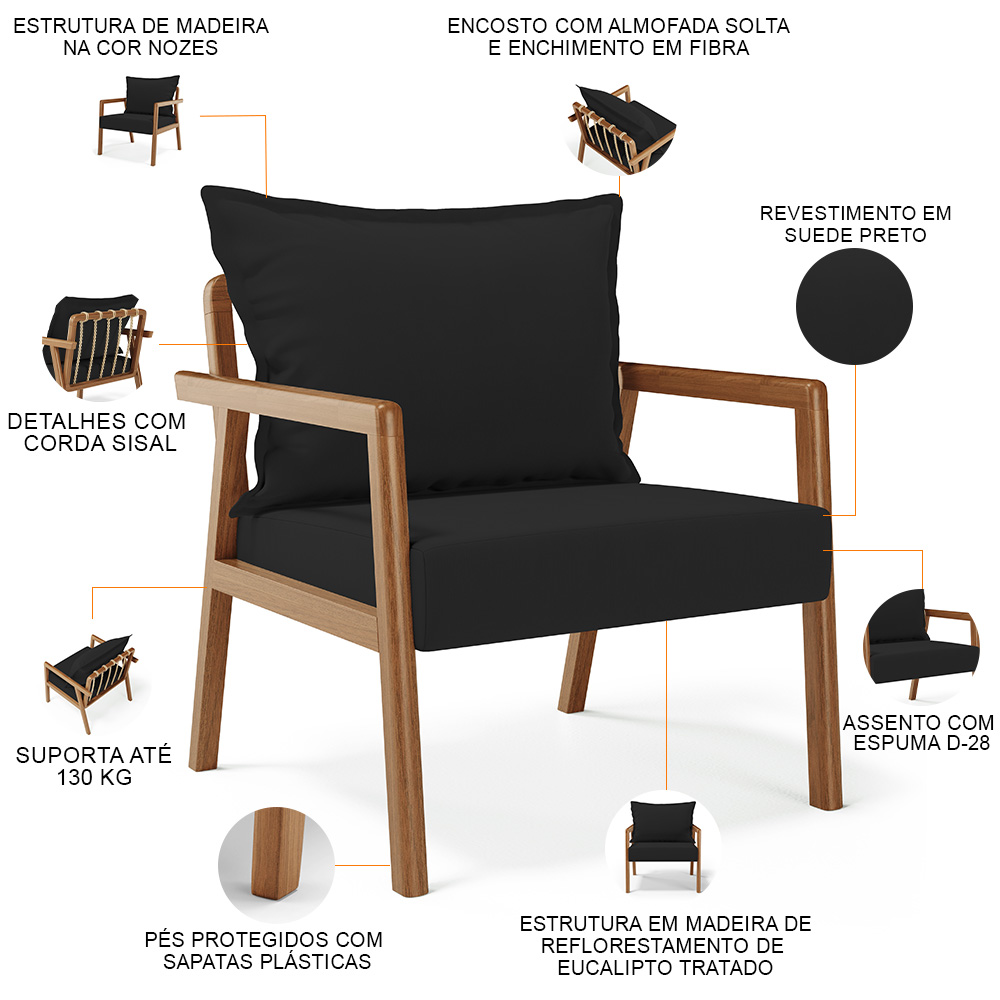 Poltrona Decorativa Para Sala de Estar e Living Alícia L02 Suede Preto - Lyam Decor