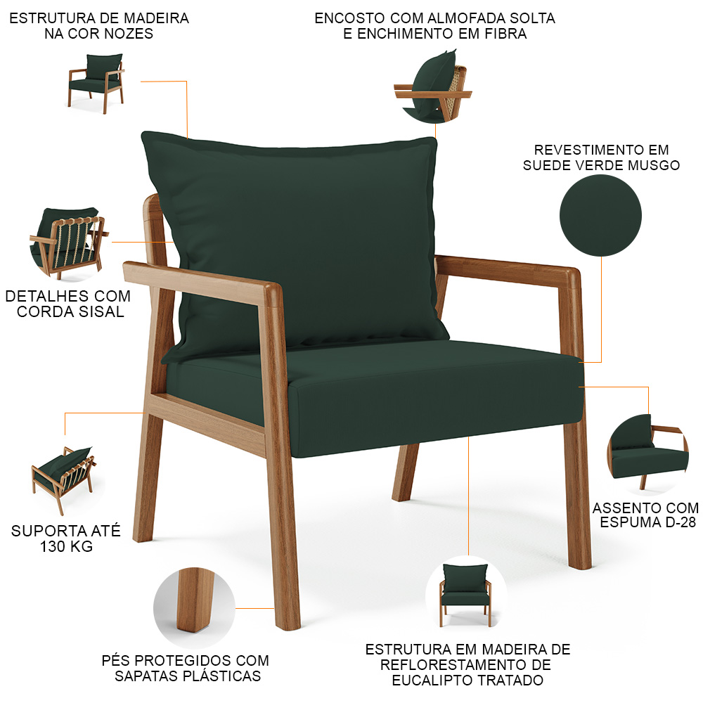 Poltrona Decorativa Para Sala de Estar e Living Alícia L02 Suede Verde Musgo - Lyam Decor