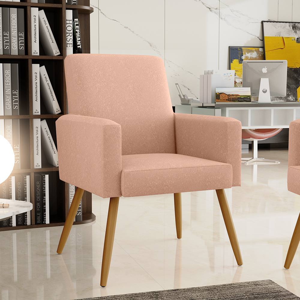 Poltrona Decorativa Para Sala de Estar e Recepção Maria W01 Linho Rosê - Lyam Decor