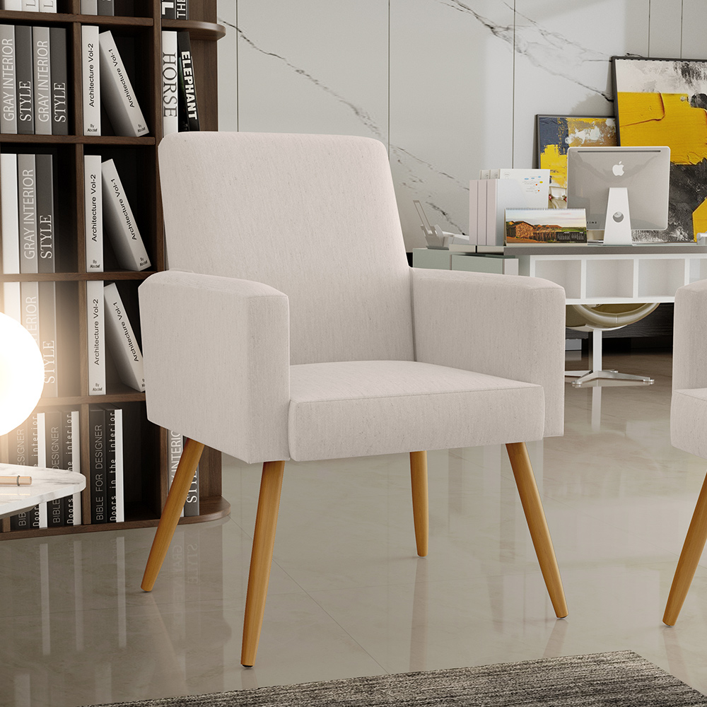 Poltrona Decorativa Para Sala de Estar e Recepção Maria W01 Pés Palito Linho Cru - Lyam Decor