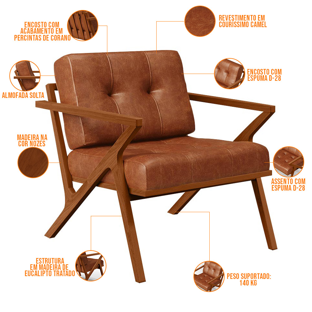Poltrona Decorativa Sala De Estar Com Cintas De Corano Laís B04 Couríssimo Camel - Lyam Decor