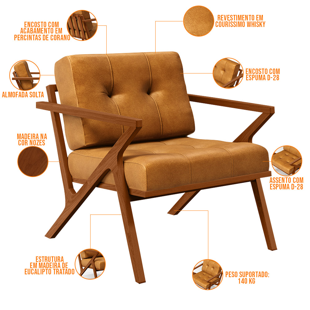 Poltrona Decorativa Sala De Estar Com Cintas De Corano Laís B04 Couríssimo Whisky - Lyam Decor