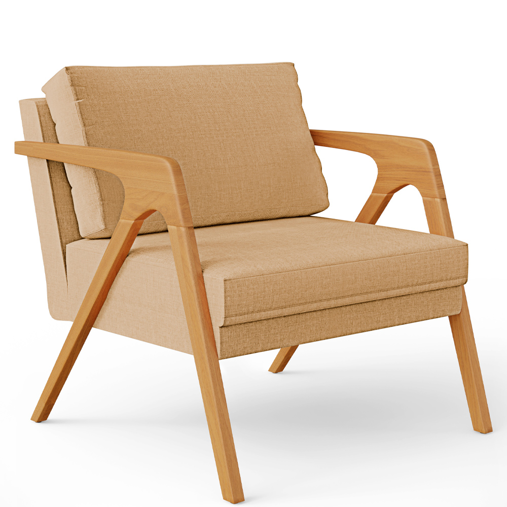 Poltrona Decorativa Sala De Estar Pietra Com Estrutura De Madeira L02 Linho Bege Escuro - Lyam Decor
