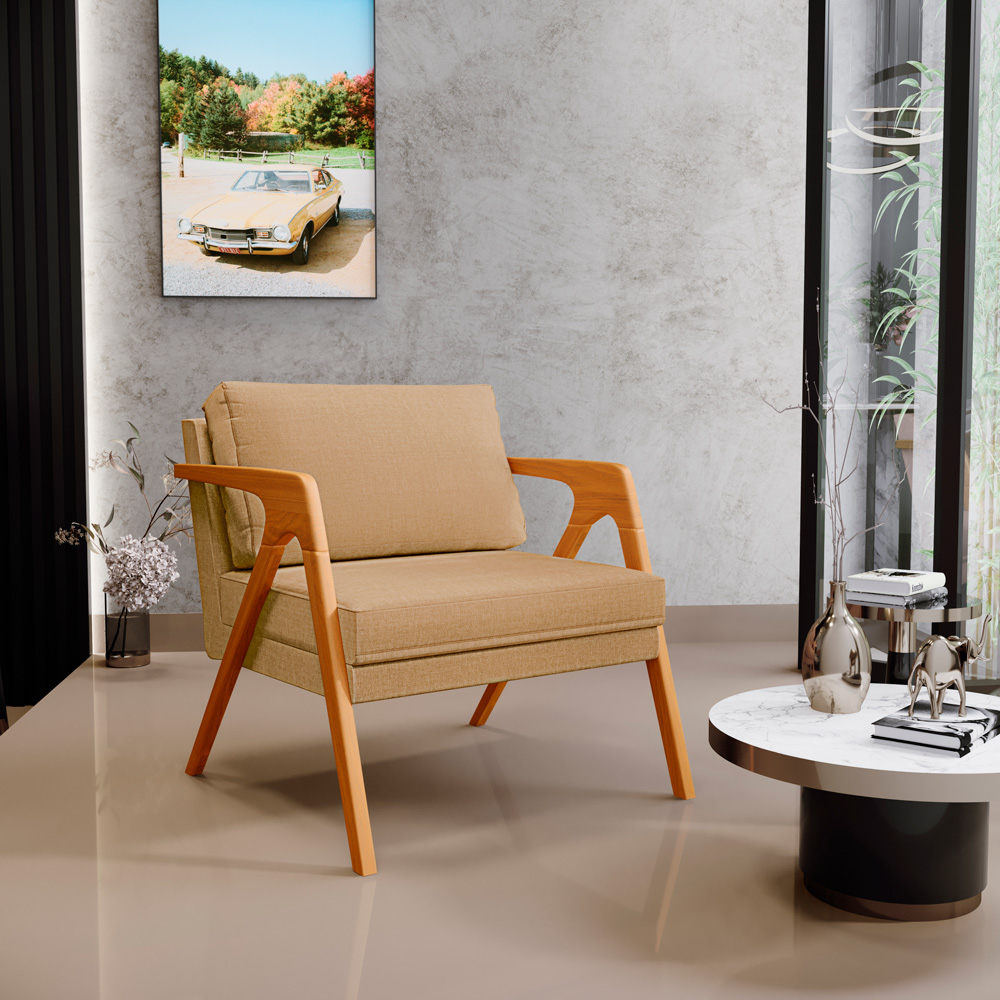 Poltrona Decorativa Sala De Estar Pietra Com Estrutura De Madeira L02 Linho Bege Escuro - Lyam Decor