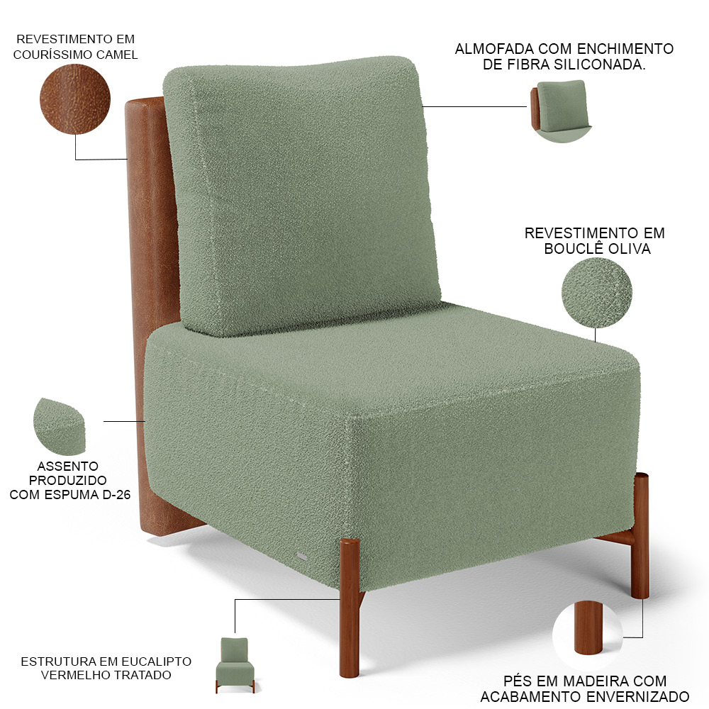 Poltrona Decorativa Sala Estar Living Pés Madeira Hungria L02 Couríssimo Camel Bouclê Oliva - Lyam