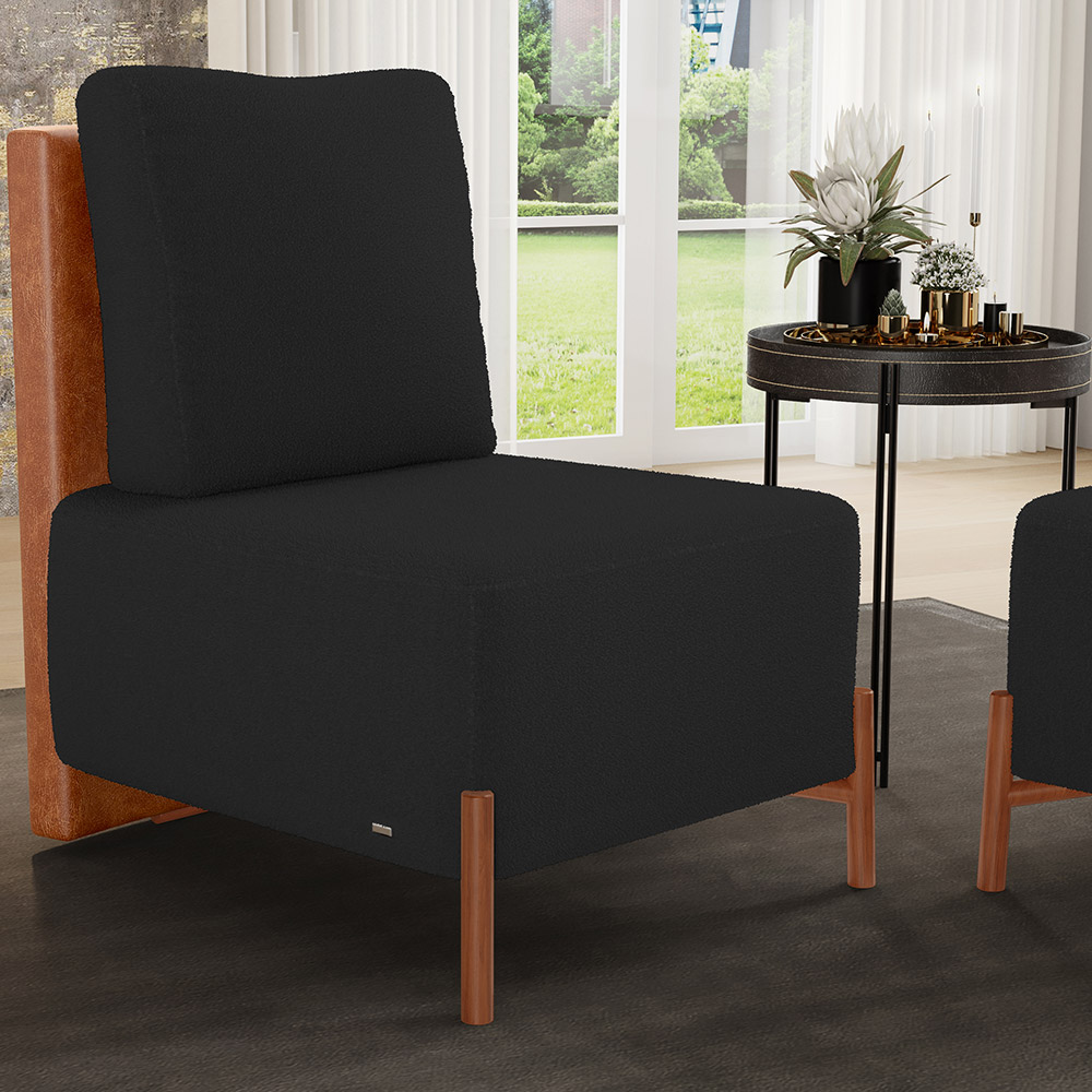 Poltrona Decorativa Sala Estar Living Pés Madeira Hungria L02 Couríssimo Camel Bouclê Preto - Lyam