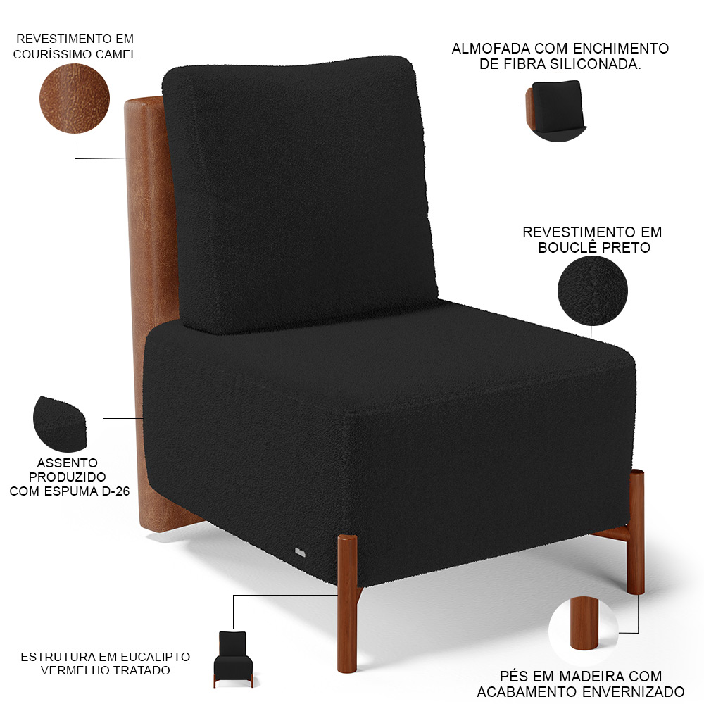 Poltrona Decorativa Sala Estar Living Pés Madeira Hungria L02 Couríssimo Camel Bouclê Preto - Lyam