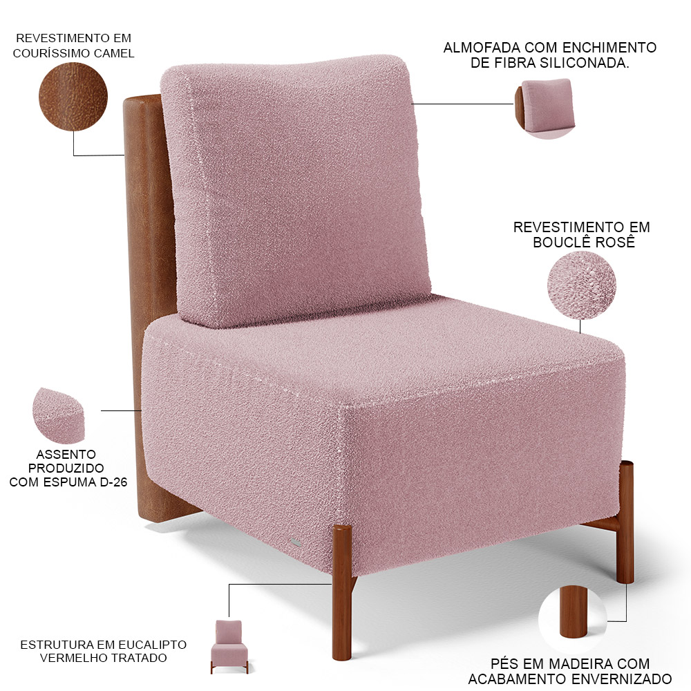 Poltrona Decorativa Sala Estar Living Pés Madeira Hungria L02 Couríssimo Camel Bouclê Rosê - Lyam