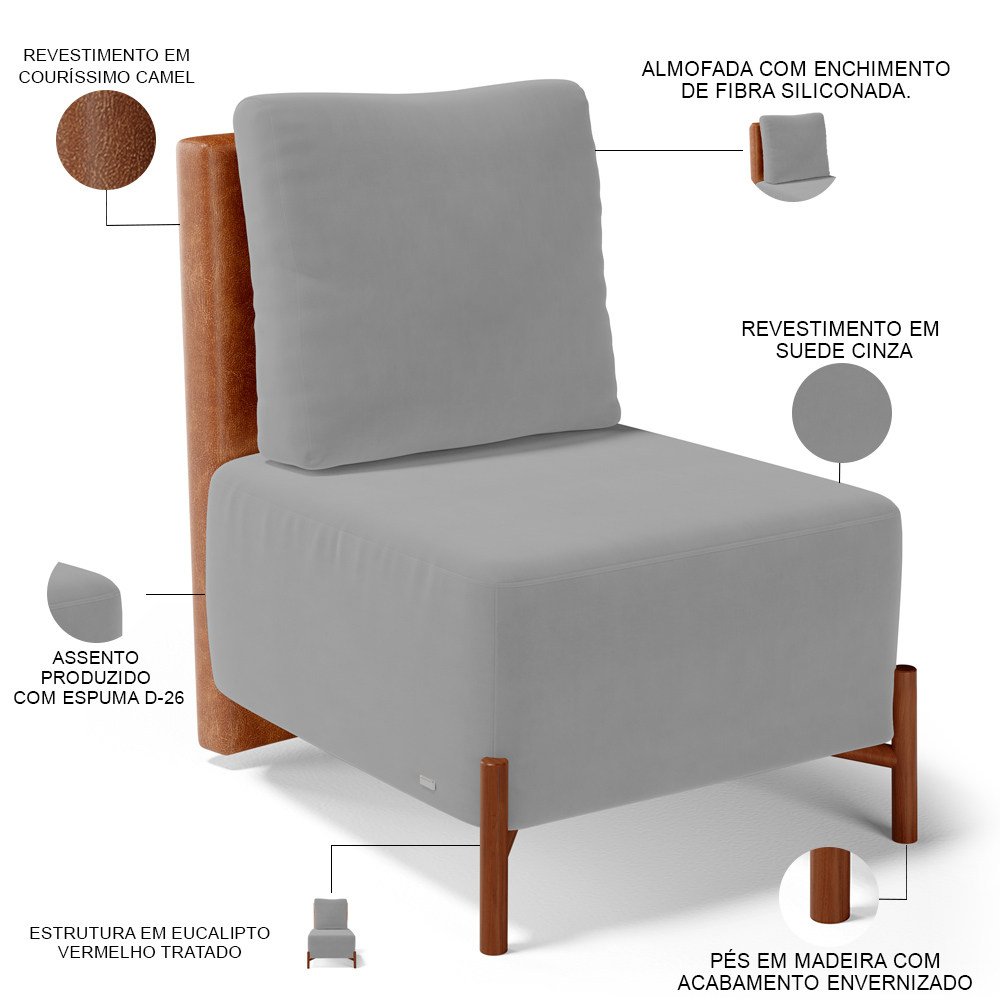 Poltrona Decorativa Sala Estar Living Pés Madeira Hungria L02 Couríssimo Camel Suede Cinza - Lyam