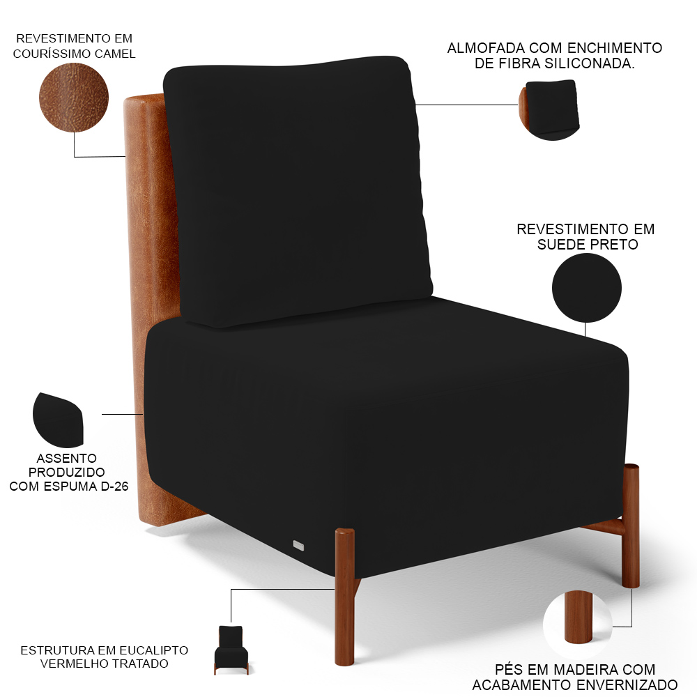 Poltrona Decorativa Sala Estar Living Pés Madeira Hungria L02 Couríssimo Camel Suede Preto - Lyam